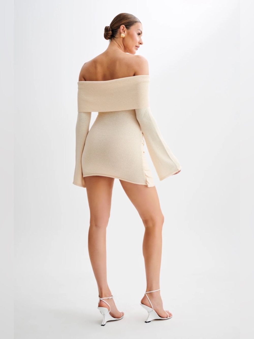 NWT Meshki Camryn Off Shoulder‎ Tie Knit Mini Dress Cream Marle Women’s Size L - Picture 2 of 11